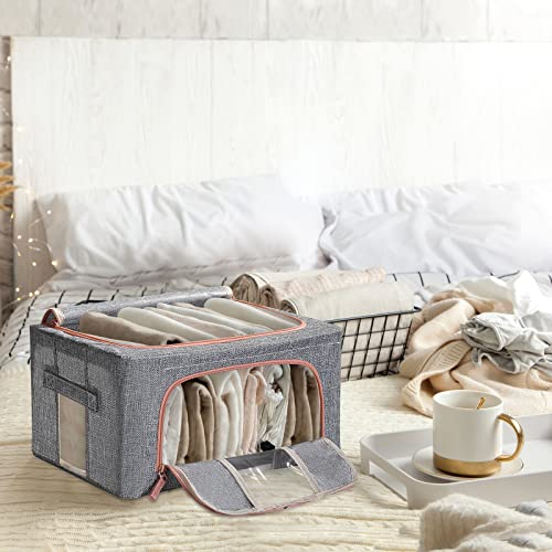 3 Pack Steel Frame Storage Box, Stackable and Foldable Clothes Storage Bins with Reinforced Handle and Clear Window, Cotton Linen Storage bag Perfect for Clothing Toys Sheets Blankets 24L