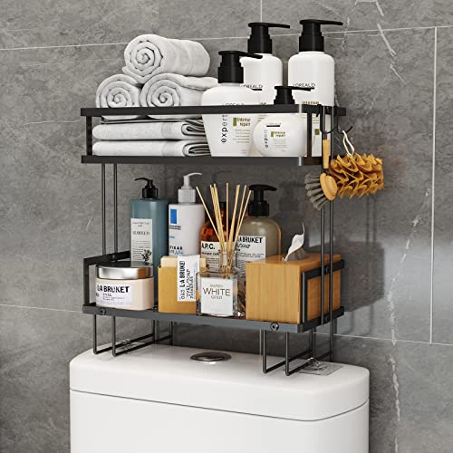 Aouton Bathroom Over The Toilet Storage Shelf, 2 Tier Bathroom Organizer Shelf Over Toilet Waterproof Dustproof, Toilet Space Saver Shelf with Hooks & Adhesive Base, Black