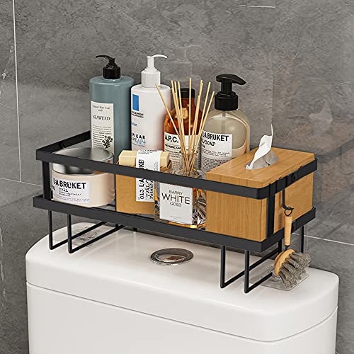 Aouton Bathroom Over The Toilet Storage Shelf, 2 Tier Bathroom Organizer Shelf Over Toilet Waterproof Dustproof, Toilet Space Saver Shelf with Hooks & Adhesive Base, Black