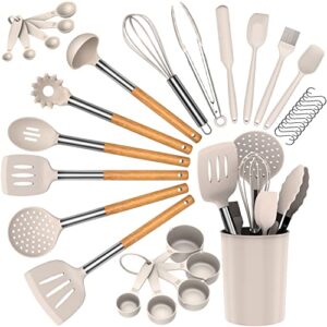ahnr 33 pcs silicone cooking utensils set, 446°f heat resistant kitchen utensils, spatula, spoon, bpa free wooden handle silicone kitchen gadgets utensil set with holder for non-stick cookware khaki
