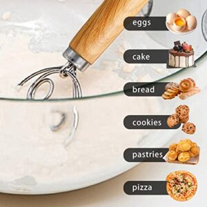 TEEVEA Danish Dough Whisk Stainless Steel Dough Whisk Dutch Style Bread Dough Hand Mixer Wooden Handle Kitchen Baking Tools Bread Making Tools and Supplies