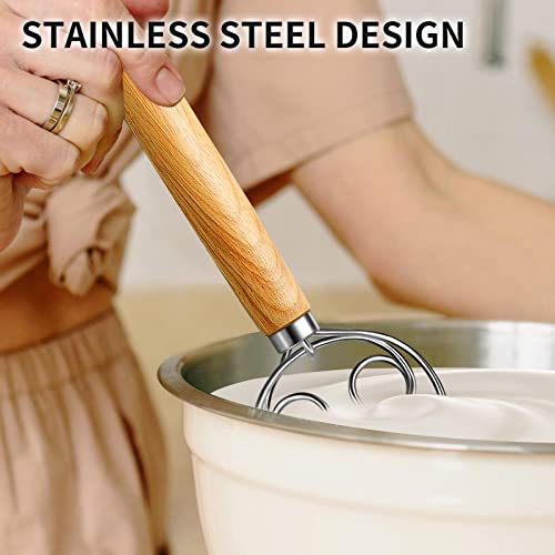 TEEVEA Danish Dough Whisk Stainless Steel Dough Whisk Dutch Style Bread Dough Hand Mixer Wooden Handle Kitchen Baking Tools Bread Making Tools and Supplies