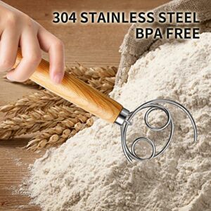 TEEVEA Danish Dough Whisk Stainless Steel Dough Whisk Dutch Style Bread Dough Hand Mixer Wooden Handle Kitchen Baking Tools Bread Making Tools and Supplies