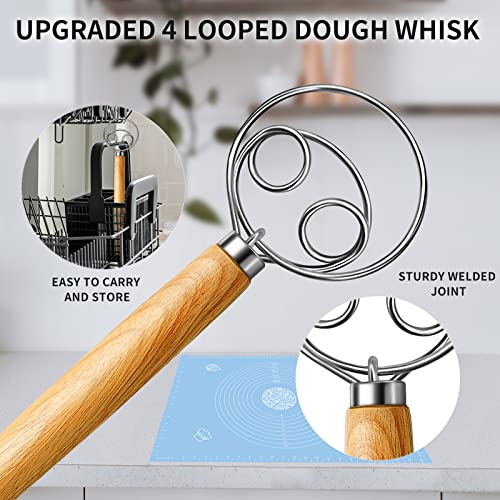 TEEVEA Danish Dough Whisk Stainless Steel Dough Whisk Dutch Style Bread Dough Hand Mixer Wooden Handle Kitchen Baking Tools Bread Making Tools and Supplies