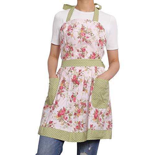 NEOVIVA Kitchen Aprons for Women with Pockets,Cooking Aprons for Women Vintage Apron for Baking BBQ and Gardening Floral Quartz Pink