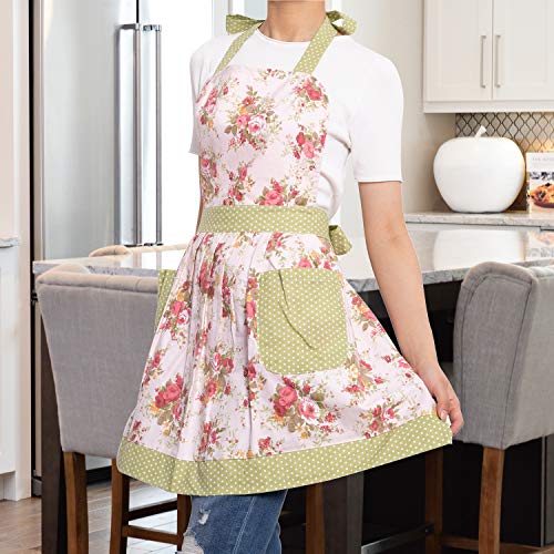 NEOVIVA Kitchen Aprons for Women with Pockets,Cooking Aprons for Women Vintage Apron for Baking BBQ and Gardening Floral Quartz Pink