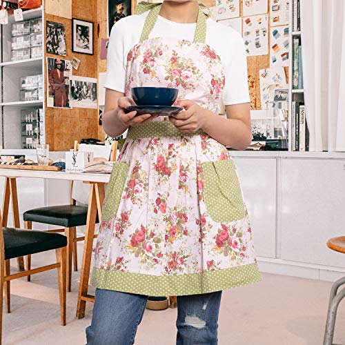 NEOVIVA Kitchen Aprons for Women with Pockets,Cooking Aprons for Women Vintage Apron for Baking BBQ and Gardening Floral Quartz Pink