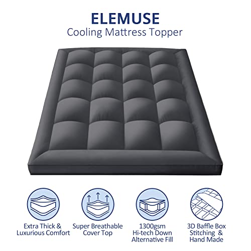 ELEMUSE Cooling Queen Mattress Topper, Extra Thick Mattress Pad Cover, Plush Pillow Top with Baffle Box Design, Soft Down Alternative Fill, Back Pain Relief, Hotel Feeling，Grey