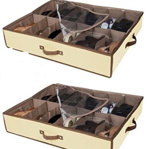 Set of 2 under bed shoe storage - ALL 4 SIDES IS STURDY- drawers,Closet Box Organizer Natural Canvas with See-Through Top, Brown Trim, Size: 23 ½’’ x 29 ½’’ x 5’’