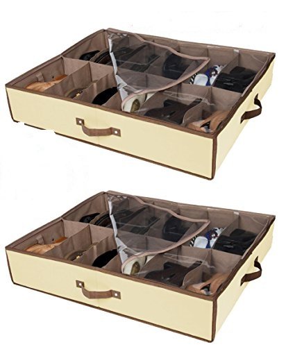 Set of 2 under bed shoe storage - ALL 4 SIDES IS STURDY- drawers,Closet Box Organizer Natural Canvas with See-Through Top, Brown Trim, Size: 23 ½’’ x 29 ½’’ x 5’’