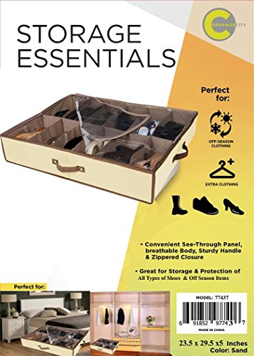 Set of 2 under bed shoe storage - ALL 4 SIDES IS STURDY- drawers,Closet Box Organizer Natural Canvas with See-Through Top, Brown Trim, Size: 23 ½’’ x 29 ½’’ x 5’’