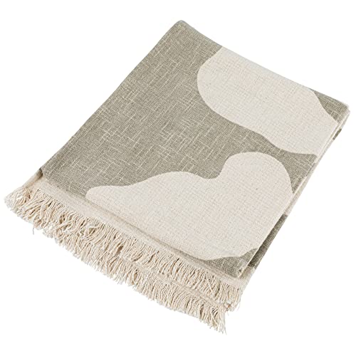 Bloomingville Cotton Slub Botanical Print and Fringe, Tan Blanket Throw