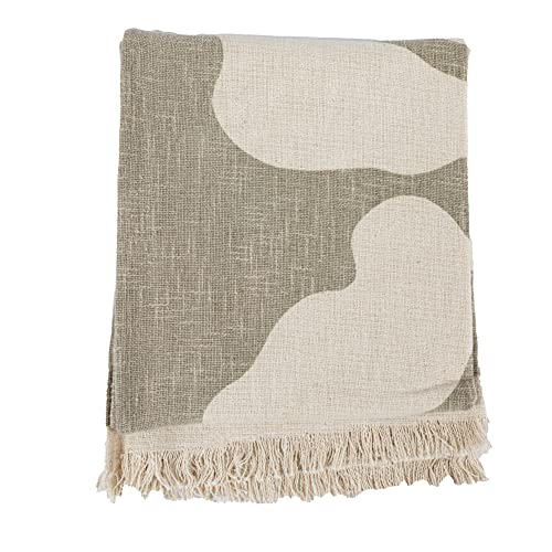 Bloomingville Cotton Slub Botanical Print and Fringe, Tan Blanket Throw