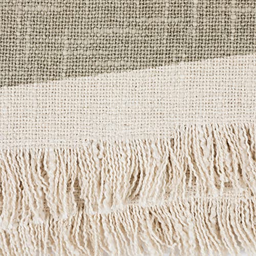 Bloomingville Cotton Slub Botanical Print and Fringe, Tan Blanket Throw