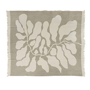 Bloomingville Cotton Slub Botanical Print and Fringe, Tan Blanket Throw