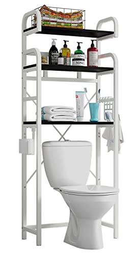 Gyfimoie Over The Toilet Storage Shelf, 3-Tier Metal Bathroom Organizer Rack, Modern Freestanding Space Saver with Adjustable Bottom Bar,4 Hooks & Paper Holder for Laundry Bathroom Balcony