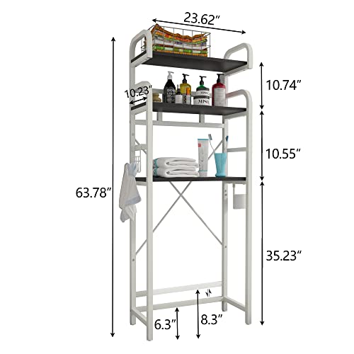 Gyfimoie Over The Toilet Storage Shelf, 3-Tier Metal Bathroom Organizer Rack, Modern Freestanding Space Saver with Adjustable Bottom Bar,4 Hooks & Paper Holder for Laundry Bathroom Balcony