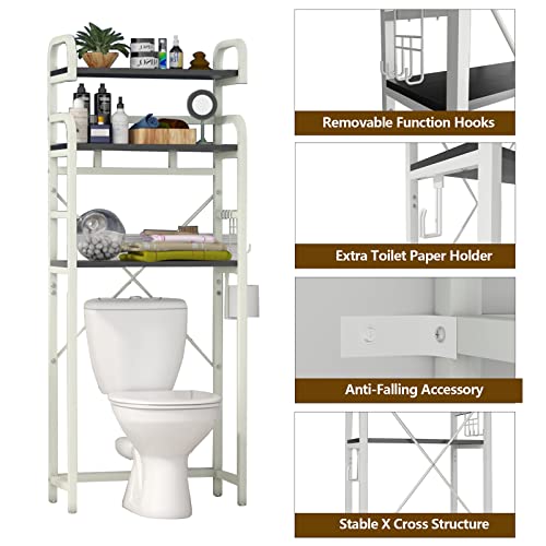 Gyfimoie Over The Toilet Storage Shelf, 3-Tier Metal Bathroom Organizer Rack, Modern Freestanding Space Saver with Adjustable Bottom Bar,4 Hooks & Paper Holder for Laundry Bathroom Balcony