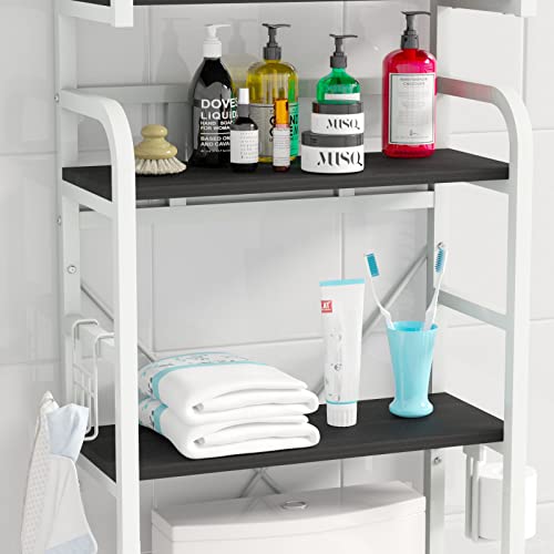 Gyfimoie Over The Toilet Storage Shelf, 3-Tier Metal Bathroom Organizer Rack, Modern Freestanding Space Saver with Adjustable Bottom Bar,4 Hooks & Paper Holder for Laundry Bathroom Balcony