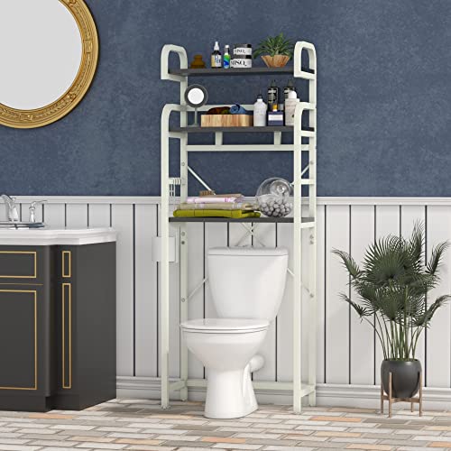 Gyfimoie Over The Toilet Storage Shelf, 3-Tier Metal Bathroom Organizer Rack, Modern Freestanding Space Saver with Adjustable Bottom Bar,4 Hooks & Paper Holder for Laundry Bathroom Balcony