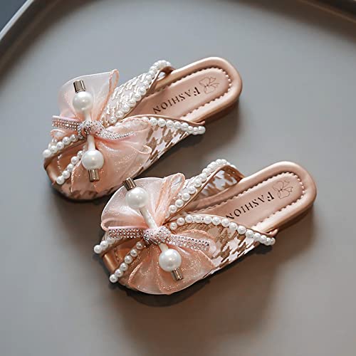 Girls Bowknot Slippers Pearl Soft Sole Princess Shoes Lace Mesh Baotou Slippers Closed Toe Sandals for Toddlers (Pink, 5.5-6 Years)