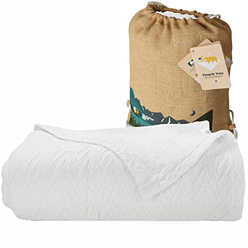 California Design Den 100% Cotton Blanket Queen Size/Full Size, Lightweight & Breathable Cotton Blanket, Herringbone Design, Soft Breathable Blanket for All Seasons (White)