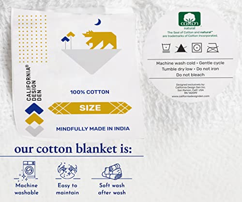 California Design Den 100% Cotton Blanket Queen Size/Full Size, Lightweight & Breathable Cotton Blanket, Herringbone Design, Soft Breathable Blanket for All Seasons (White)