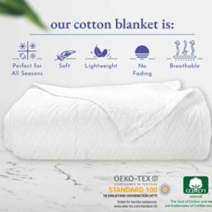 California Design Den 100% Cotton Blanket Queen Size/Full Size, Lightweight & Breathable Cotton Blanket, Herringbone Design, Soft Breathable Blanket for All Seasons (White)