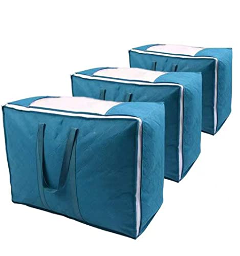 Fabric Organization and Storage Bins Containers Clothes Stackable Box with Handle Ziplock Lids Comforters Blanket Toy Bags Dorm Room College Essentials Under Bed Closet Bedroom 3 Pack, 81L, Blue