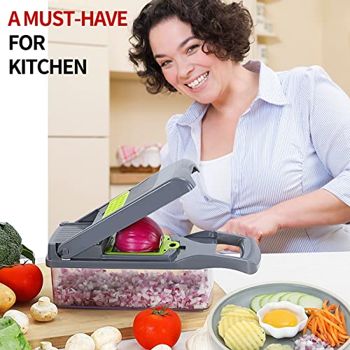 Vegetable Chopper with Container, 12-in-1 Multifunctional Veggie Chopper, 7 Blade Onion Chopper, Vegetable Cutter, Slicer, Grater, Mandolin Slicer with Container, Time-saving Kitchen Gadgets (Gray)