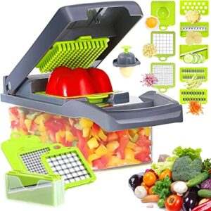 vegetable chopper with container, 12-in-1 multifunctional veggie chopper, 7 blade onion chopper, vegetable cutter, slicer, grater, mandolin slicer with container, time-saving kitchen gadgets (gray)