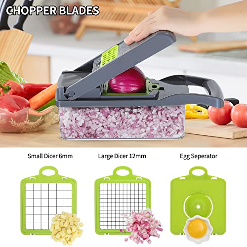 Vegetable Chopper with Container, 12-in-1 Multifunctional Veggie Chopper, 7 Blade Onion Chopper, Vegetable Cutter, Slicer, Grater, Mandolin Slicer with Container, Time-saving Kitchen Gadgets (Gray)