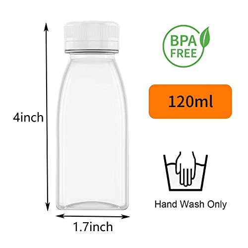 BallHull 4 OZ Plastic Juice Bottles with White lid, Reusable Clear Bulk Beverage Containers for Juice, Milk and Other Homemade Beverages, 6 Pcs.