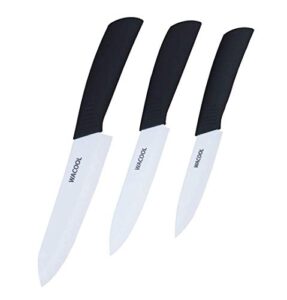 wacool ceramic knife set 3-piece (includes 6-inch chef's knife, 5-inch utility knife and 4-inch fruit paring knife), with 3 knife sheaths for each blade (black hand 2022)