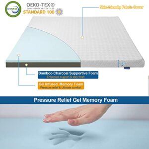 Bomdaia 3 Inch Gel Memory Foam Mattress Topper Full Size Cooling Mattress Pad Pressure Relief Bed Topper for Back Pain, High Density Bamboo Charcoal Firm Topper with Removable & Washable Cover