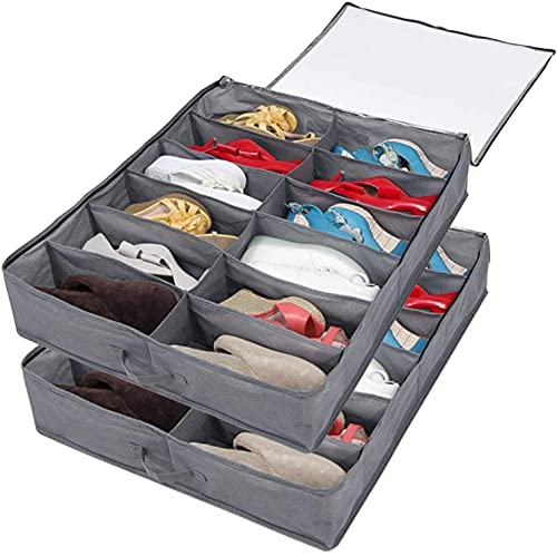 A set of 2, with lid, strong box strap/strong zipper and handle, bed bottom storage bag storage bag, transparent folding bed under shoe cabinet storage solution, a total of 24 pairs of shoes can be stored