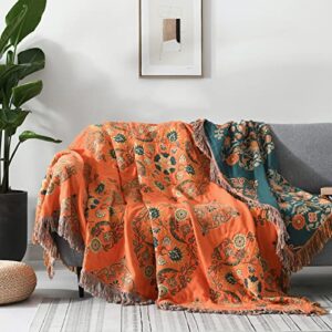 y-plwomen boho throw blanket - 100% cotton soft bohemian queen quilt blanket for bed, orange floral reversible throw blanket for couch sofa chair, 90"x98" farmhouse throw blanket for all season