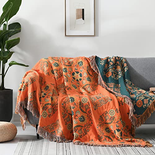 Y-PLWOMEN Boho Throw Blanket - 100% Cotton Soft Bohemian Queen Quilt Blanket for Bed, Orange Floral Reversible Throw Blanket for Couch Sofa Chair, 90"x98" Farmhouse Throw Blanket for All Season