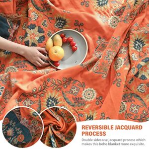 Y-PLWOMEN Boho Throw Blanket - 100% Cotton Soft Bohemian Queen Quilt Blanket for Bed, Orange Floral Reversible Throw Blanket for Couch Sofa Chair, 90"x98" Farmhouse Throw Blanket for All Season