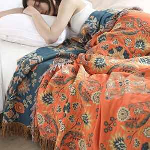 Y-PLWOMEN Boho Throw Blanket - 100% Cotton Soft Bohemian Queen Quilt Blanket for Bed, Orange Floral Reversible Throw Blanket for Couch Sofa Chair, 90"x98" Farmhouse Throw Blanket for All Season