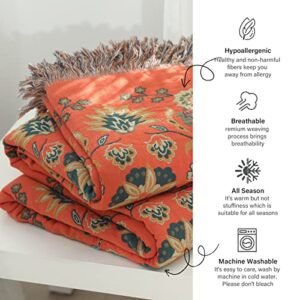 Y-PLWOMEN Boho Throw Blanket - 100% Cotton Soft Bohemian Queen Quilt Blanket for Bed, Orange Floral Reversible Throw Blanket for Couch Sofa Chair, 90"x98" Farmhouse Throw Blanket for All Season