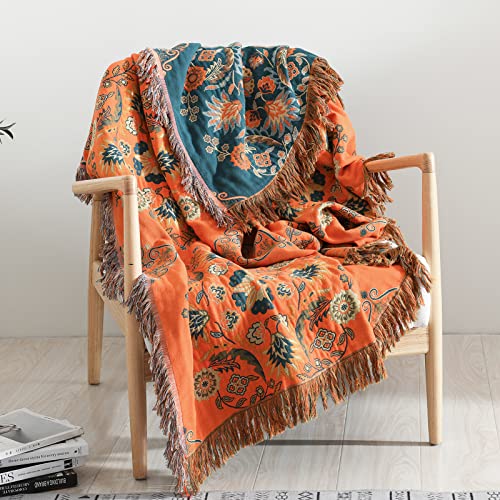 Y-PLWOMEN Boho Throw Blanket - 100% Cotton Soft Bohemian Queen Quilt Blanket for Bed, Orange Floral Reversible Throw Blanket for Couch Sofa Chair, 90"x98" Farmhouse Throw Blanket for All Season