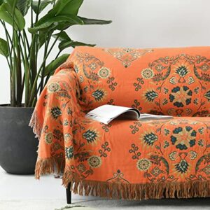 Y-PLWOMEN Boho Throw Blanket - 100% Cotton Soft Bohemian Queen Quilt Blanket for Bed, Orange Floral Reversible Throw Blanket for Couch Sofa Chair, 90"x98" Farmhouse Throw Blanket for All Season