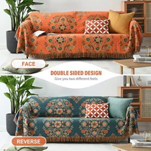 Y-PLWOMEN Boho Throw Blanket - 100% Cotton Soft Bohemian Queen Quilt Blanket for Bed, Orange Floral Reversible Throw Blanket for Couch Sofa Chair, 90"x98" Farmhouse Throw Blanket for All Season