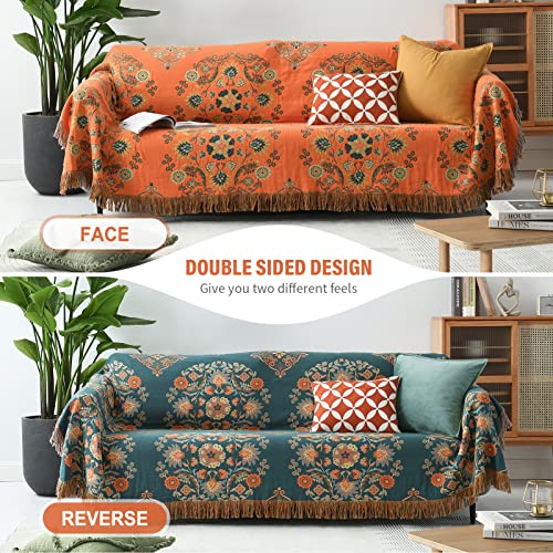 Y-PLWOMEN Boho Throw Blanket - 100% Cotton Soft Bohemian Queen Quilt Blanket for Bed, Orange Floral Reversible Throw Blanket for Couch Sofa Chair, 90"x98" Farmhouse Throw Blanket for All Season