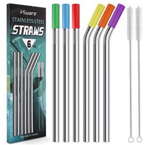 reusable smoothie straws and milkshake straws with silicone tips , 9mm/0.35" stainless steel wide straws, hiware 6 pack 10" metal straws for smoothies, milkshakes, jumbo drinks with 2 cleaning brushes