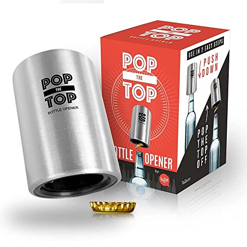 Pop-the-Top Beer Bottle Opener (Stainless): Automatic Bottle Cap Opener, Push Down Pop Off Bar Tool, Soda and Beer Cap Remover, Cool & Fun Gadget