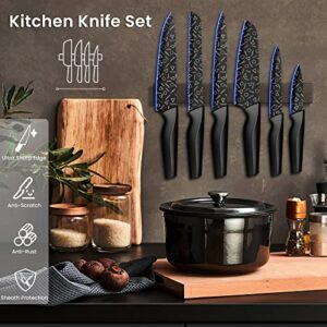 Astercook Knife Set, 12 Pcs Colorful Geometric Pattern Kitchen Knife Set, 6 Stainless Steel Kitchen Knives with 6 Blade Guards, Dishwasher Safe, Black