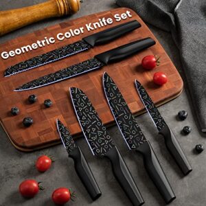 Astercook Knife Set, 12 Pcs Colorful Geometric Pattern Kitchen Knife Set, 6 Stainless Steel Kitchen Knives with 6 Blade Guards, Dishwasher Safe, Black