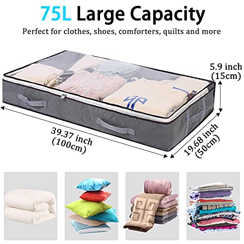 Vieshful 5 Pack 75L Grey Underbed Storage Bags and 3 Pack 75L Clear Underbed Containers，Large Capacity Clothing Organizers for Bedding Blanket Comforter Quilt